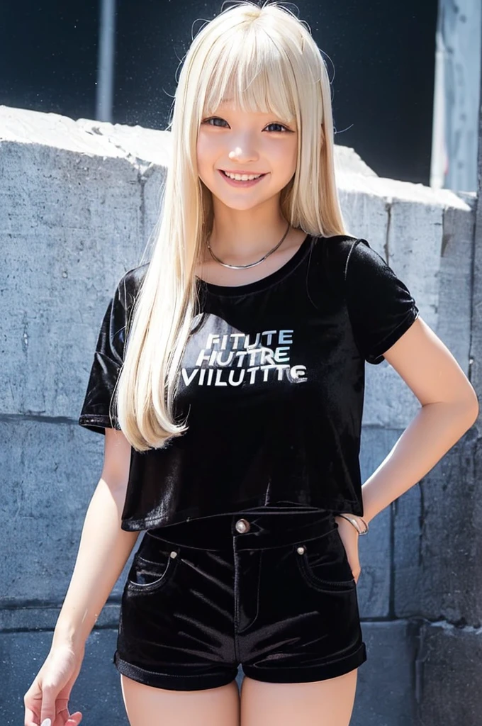 (little cute white girl:1.3),(future high technology civilization:1.4),(gigantic big boobs:1.2) ,,(messy short glossy platinum blond hair:1.3),(bangs:1.1)
(smile :1.2),(beautiful body:1.2),(black velvet shorts :1.3),(black velvet T-shirt:1.3),
