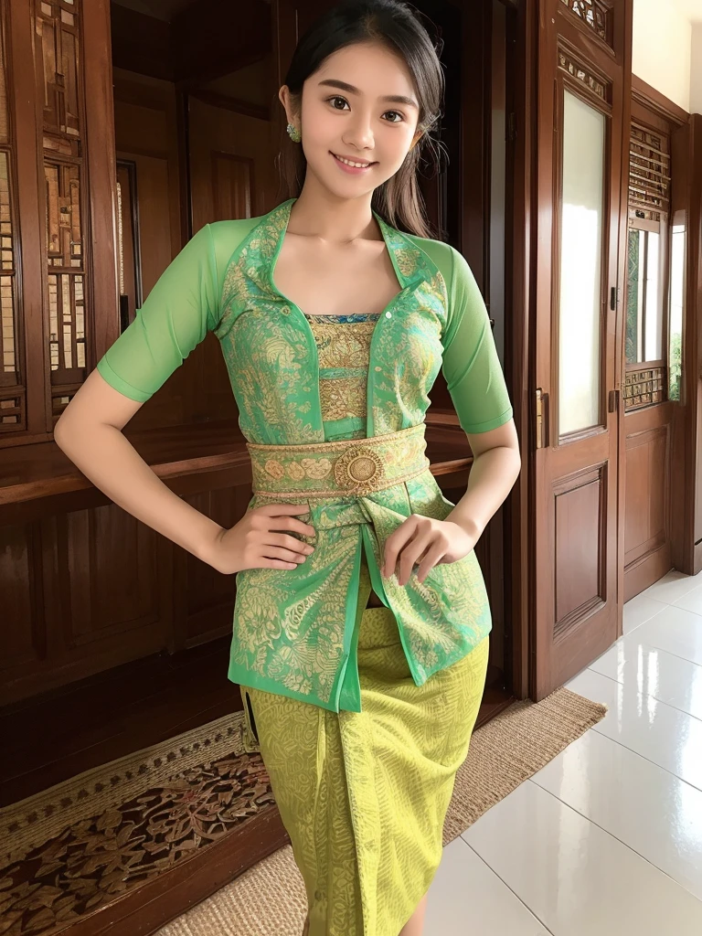 Indonesian age girl, 15 yl, white skin, beautiful teenage face, sereen open breast kebaya shirt, flat chest, tight batik skirt, brown hair, standing pose, smile, at the traditional javanese house.