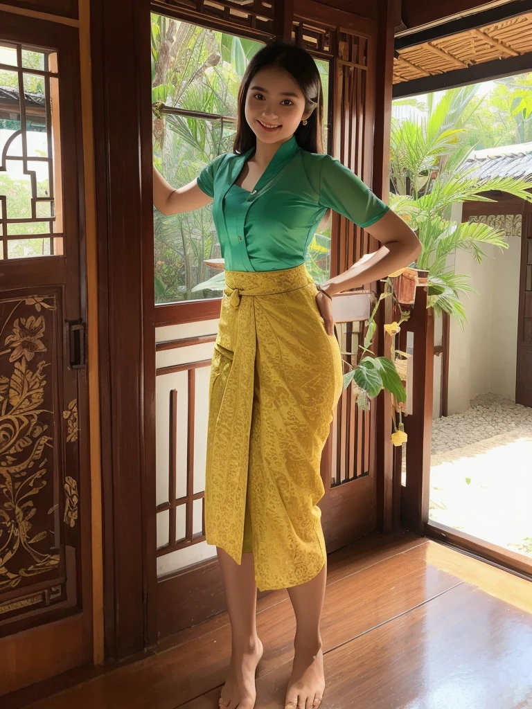 Indonesian teenage girl, 15 years old girl, white skin, beautiful teenage face,  green open  kebaya shirt, flat , tight batik skirt, brown hair, standing pose, smile, at the traditional javanese house.