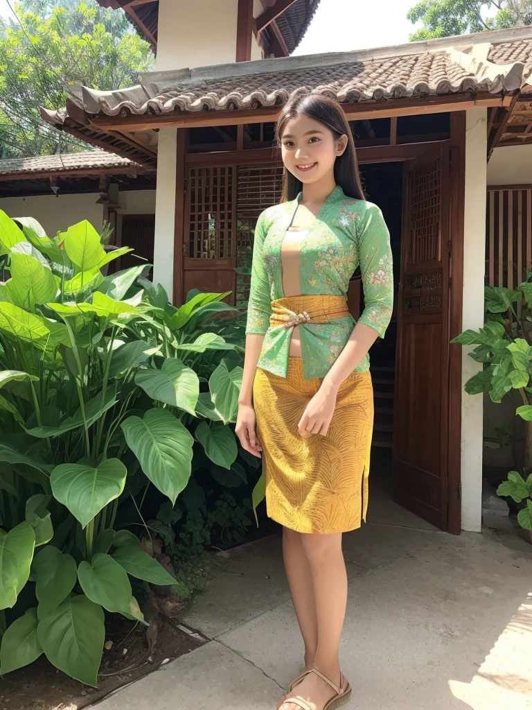 Indonesian age girl, 15 yl, white skin, beautiful teenage face, sereen open breast kebaya shirt, flat chest, tight batik skirt, brown hair, standing pose, smile, at the traditional javanese house.