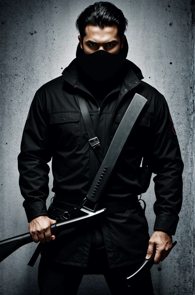 A man holding an axe with a gun in the back. The man is all black and the man has no face. It is a logo.