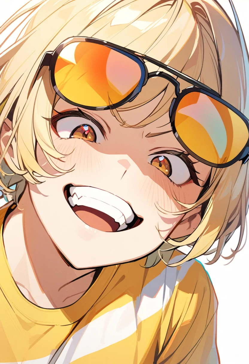 1girl, solo，yellow eyeliner，Blonde short hair，brown eyes ，yellow shirt，color sunglasses，grin，ridicule，simplebackground，upper body，from below，had a stupid smirk on his face