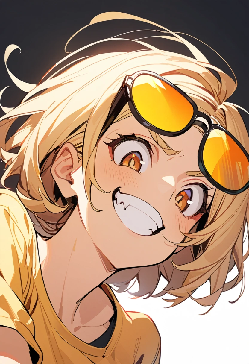 1girl, solo,yellow eyeliner,Blonde short hair,brown eyes ,yellow shirt,color sunglasses,grin,ridicule,simplebackground,upper body,from below,had a stupid smirk on his face