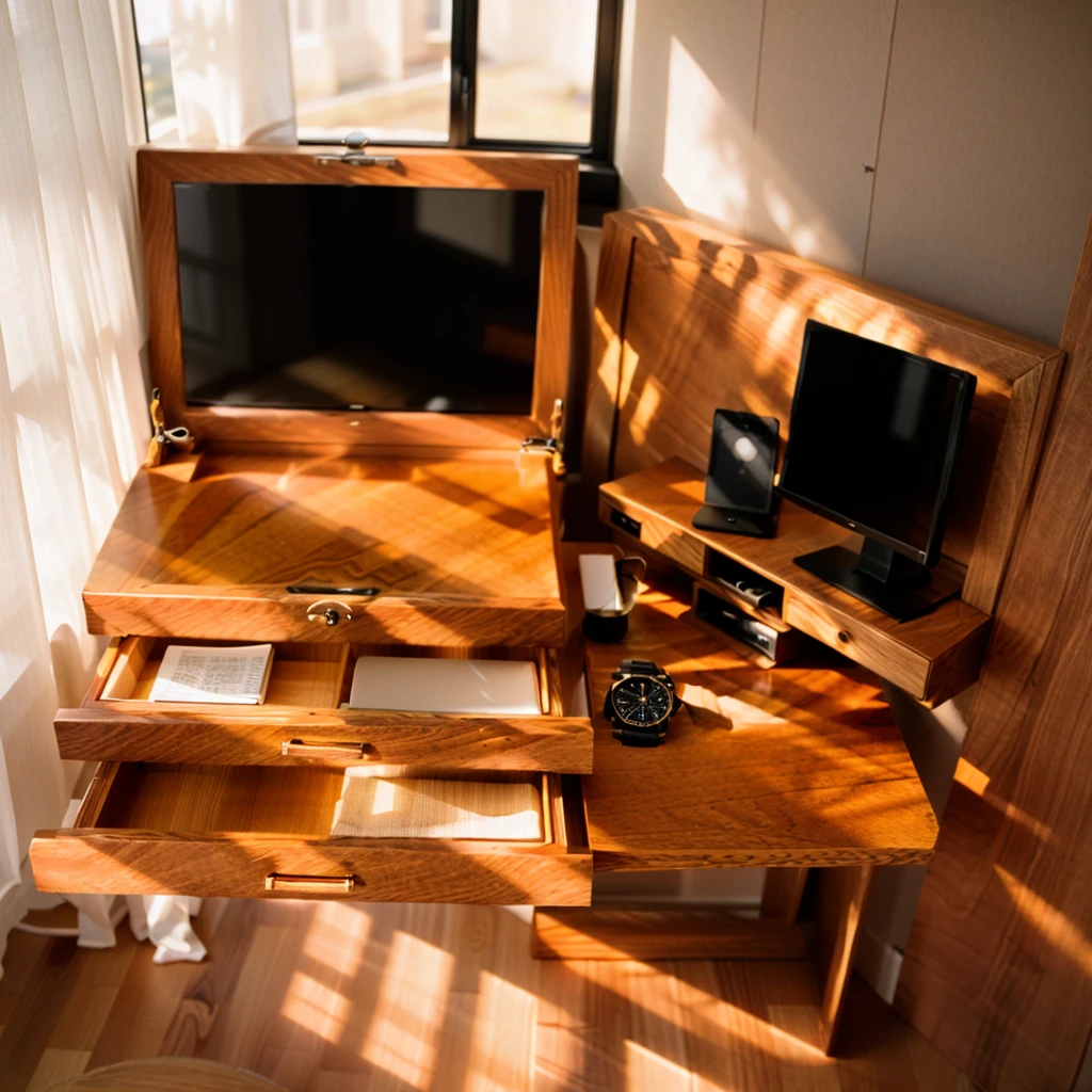 In this cozy room,A ray of sunlight shone through the half-drawn curtains on the table,Let the wood grain on the watch storage box shine with a faint luster。There was a calm and peaceful atmosphere in the air around them。There are several still lifes hanging on the walls of the room,It adds a touch of elegance to the space。And on the other side of the room,The half-open window lets in the breeze,The pages on the small desk by the window turned in the wind,This quiet scene gives a sense of tranquility and comfort。