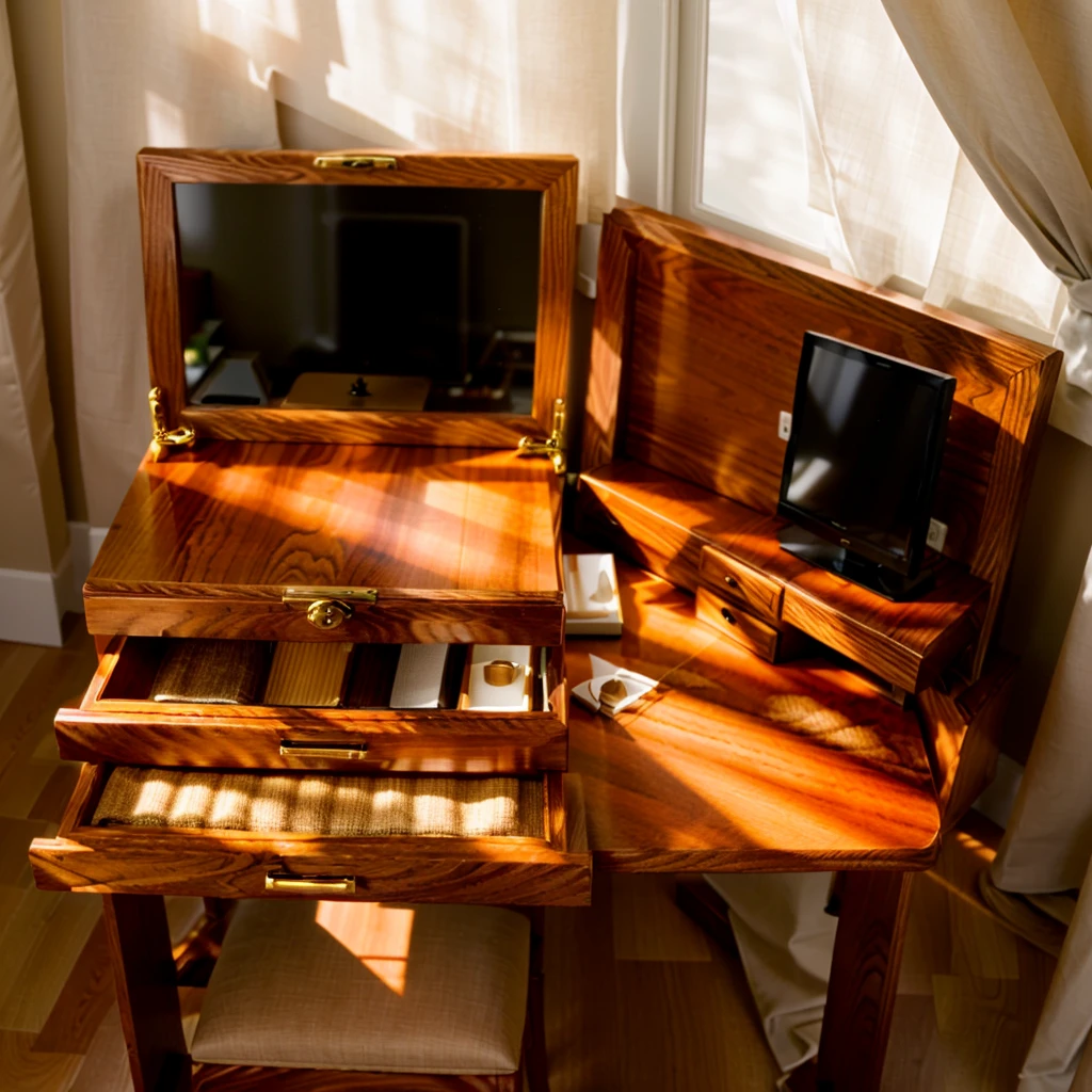 In this cozy room，A ray of sunlight shone through the half-drawn curtains on the table，Let the wood grain on the watch storage box shine with a faint luster。There was a calm and peaceful atmosphere in the air around them。There are several still lifes hanging on the walls of the room，It adds a touch of elegance to the space。And on the other side of the room，The half-open window lets in the breeze，The pages on the small desk by the window turned in the wind，This quiet scene gives a sense of tranquility and comfort。

