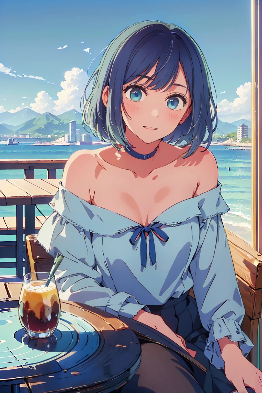 (Highest quality:1.4、masterpiece:1.4、Super detailed:1.4、Ultra-high resolution:1.4、8K:1.4)、F cup bust、Big Breasts、Slim body、((((1 person、Surprised expression、sit、Chair、In the background are the urban buildings of Tokyo、looking at the camera、Outdoor café terrace、coastal、juice、Shooting up close、Shooting from an angle、table、Very cute face))))、(Pose with hands tucked behind ears:1.4、Cheek resting on hand:1.4)、((nude、very beautiful areola、Off-the-shoulder blouson))、Very blue sky、A completely cloudless sky
