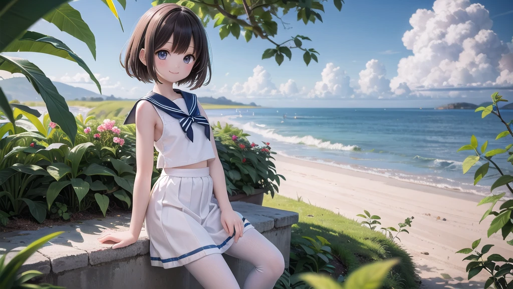 (masterpiece), town, blue sky, One Girl, Place the person on the right, smile, alone, Sailor suit、Long skirt, Overgrown, petal, plant、Skirt lining、White slip、nostalgic、White Pantyhose、I can see the ocean in the distance, Crotch close-up