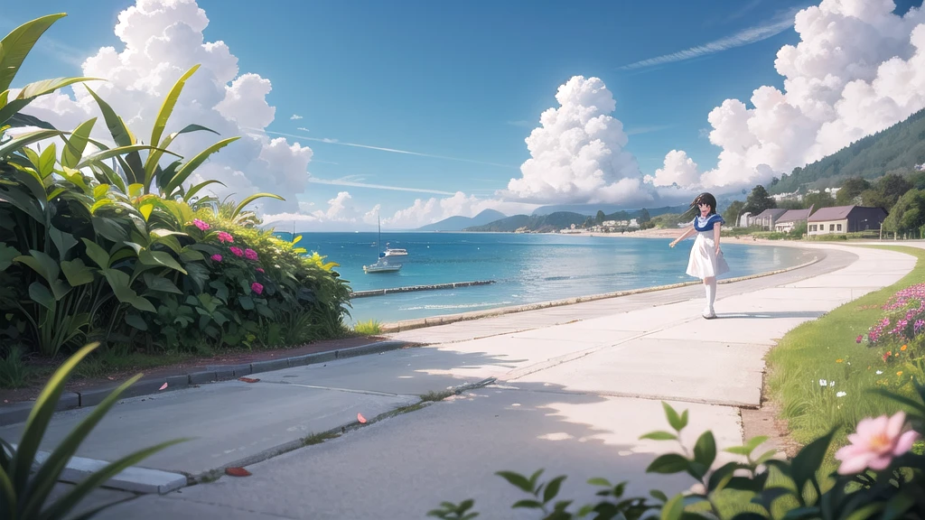 (masterpiece), town, blue sky, One Girl, Place the person on the right, smile, alone, Sailor suit、Long skirt, Overgrown, petal, plant、Skirt lining、White slip、nostalgic、White Pantyhose、I can see the ocean in the distance, ?????? close-up