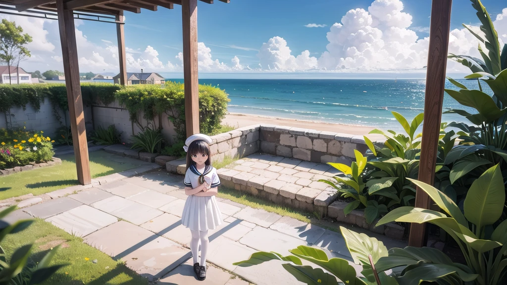 (masterpiece),  town,  blue sky,  One Girl, Place the person on the right,  smile,  alone,  Sailor suit、Long skirt,  Overgrown,  petal,  plant、Skirt lining、White slip、nostalgic、White Pantyhose、I can see the ocean in the distance, Crotch close-up