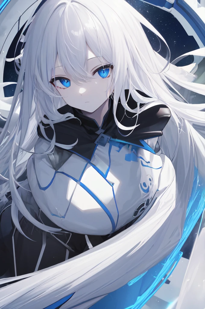 (masterpiece:1.2), best quality, (highres:1.2), (incredibly absurdres:1.4), (extremely detailed face:1.4), high contrast, 1girl, solo, expressionless eyes, pale skin, white hair, (absurdly long hair:1.2), (ahoge:1.1), blue eyes, flat chest, otherworldly atmosphere, white bodysuit, armored, futuristic vest, half-closed eyes, dystopian, glow, blue magic, standing, destruction, giant gate, portal, otherworldy technology, long coat, blue energy, aura, powerful, cloak, crazy eyes,
