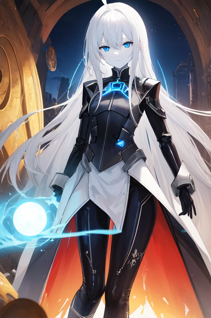 (masterpiece:1.2), best quality, (highres:1.2), (incredibly absurdres:1.4), (extremely detailed face:1.4), high contrast, 1girl, solo, expressionless eyes, pale skin, white hair, (absurdly long hair:1.2), (ahoge:1.1), blue eyes, flat chest, otherworldly atmosphere, white bodysuit, armored, futuristic vest, half-closed eyes, dystopian, glow, blue magic, standing, destruction, giant gate, portal, otherworldy technology, long coat, blue energy, aura, powerful, cloak, crazy eyes,