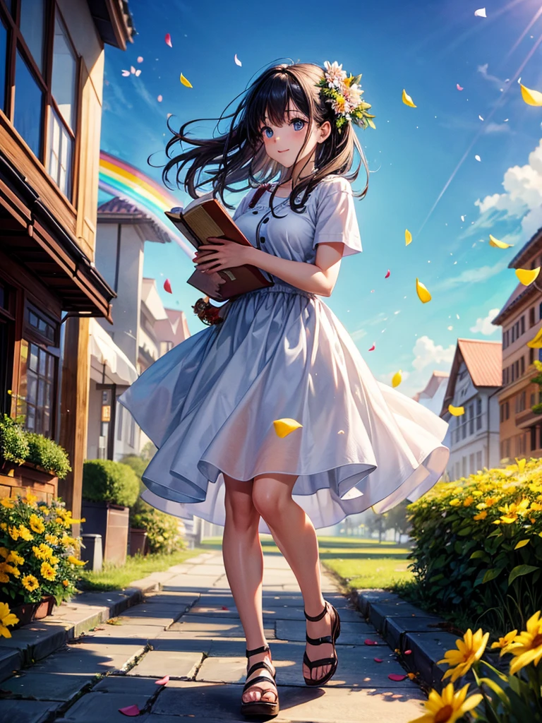Highest quality,Highest Resolution,A woman walking down a sidewalk with falling flower petals, holding a baby,In the sky１Rainbow of Books,