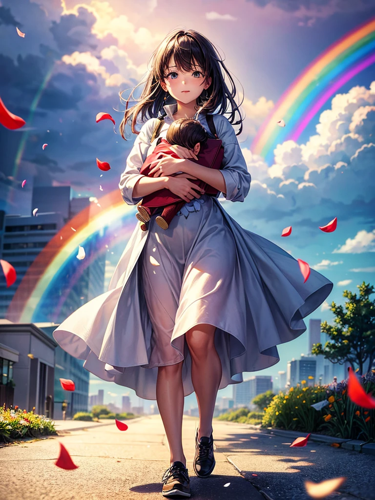 Highest quality,Highest Resolution,A woman walking down a sidewalk with falling flower petals, holding a baby,In the sky1Rainbow of Books,