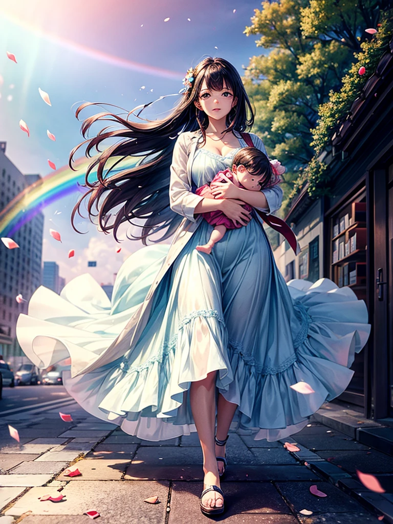 Highest quality,Highest Resolution,A woman walking down a sidewalk with falling flower petals, holding a baby,In the sky１Rainbow of Books,