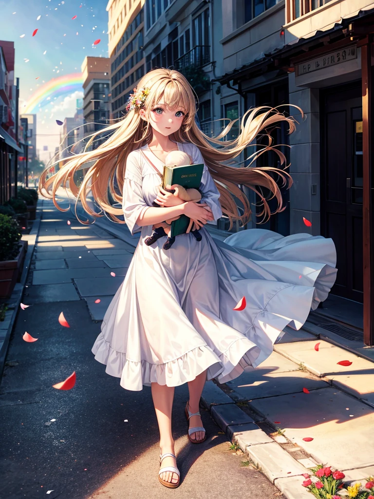 Highest quality,Highest Resolution,A woman walking down a sidewalk with falling flower petals, holding a baby,In the sky1Rainbow of Books,