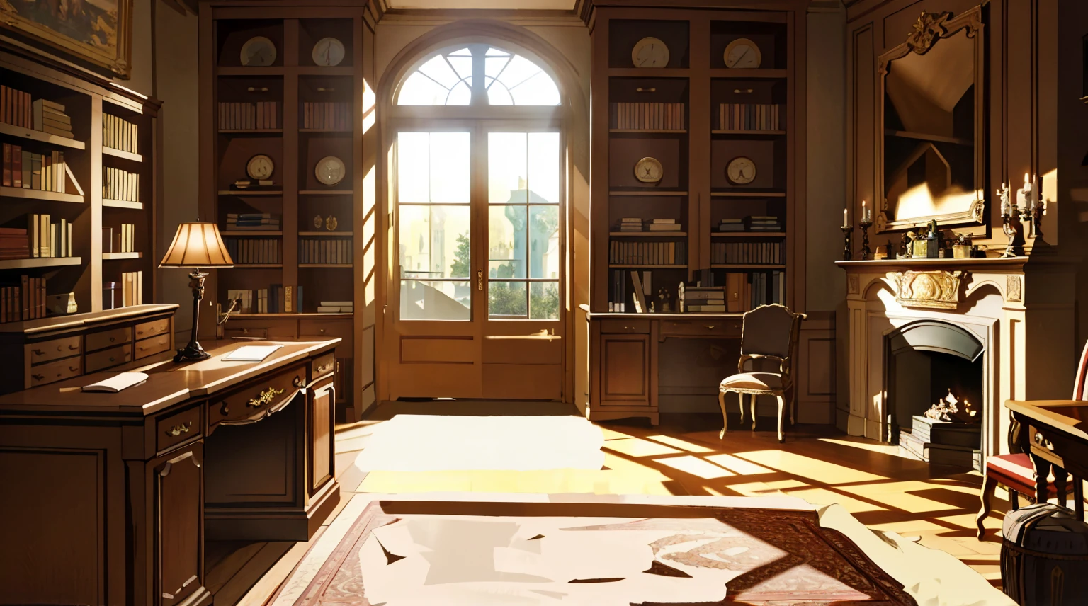 (best quality,masterpiece:1.2,detailed details,4k),Medieval European luxury room,Gorgeous desk,wine,Godfather Mafia Room,Looking up