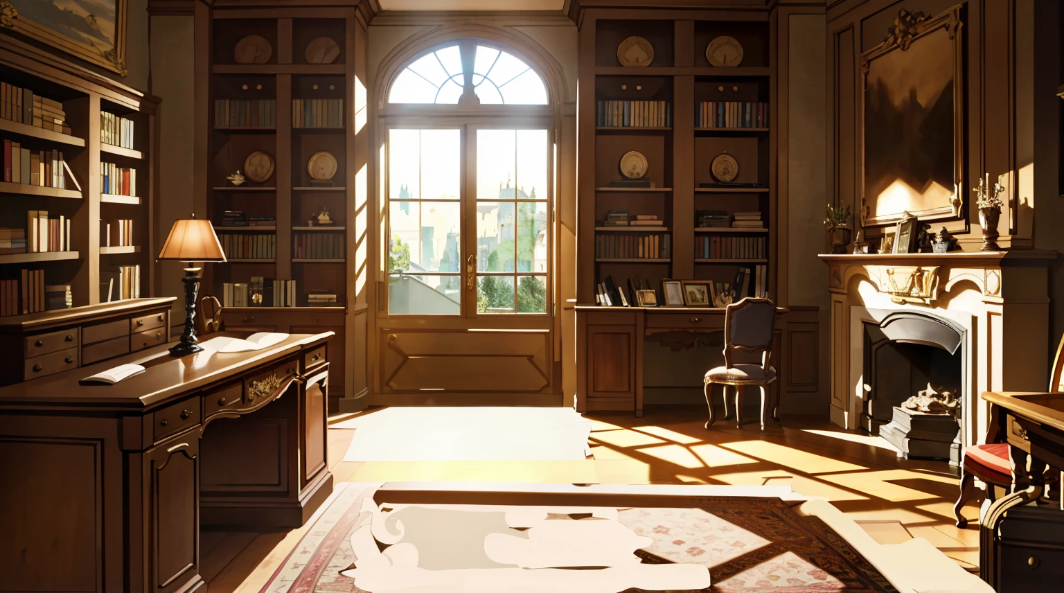 (best quality,masterpiece:1.2,detailed details,4k),Medieval European luxury room,Gorgeous desk,wine,Godfather Mafia Room,Looking up