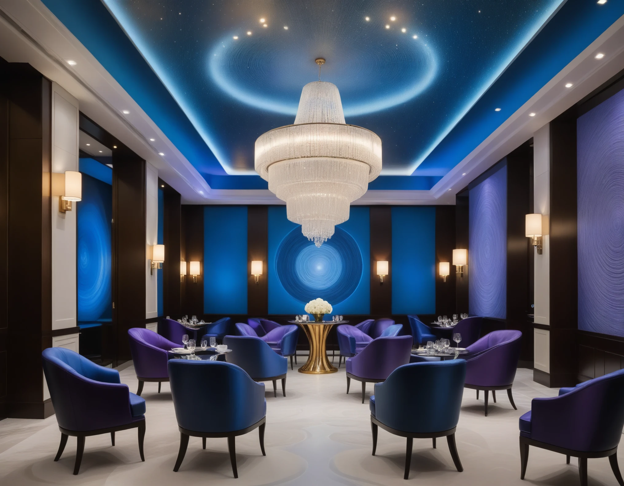 a luxurious and futuristic dining or lounge area, characterized by an opulent design and mesmerizing ambiance. Dominating the scene is a grand chandelier hanging from a richly decorated ceiling, casting a warm, inviting glow over the room. The walls are adorned with large, arched panels displaying vibrant, swirling light patterns in shades of blue and purple, enhancing the otherworldly atmosphere. The centerpiece of the room is a circular bar or table with a luminous, vortex-like design, matching the ethereal quality of the wall panels. Plush blue chairs line the long, sleek tables on either side, set with glasses and napkins, ready for guests. The combination of classic elegance with modern, cosmic-inspired decor creates a visually stunning and unique environment.