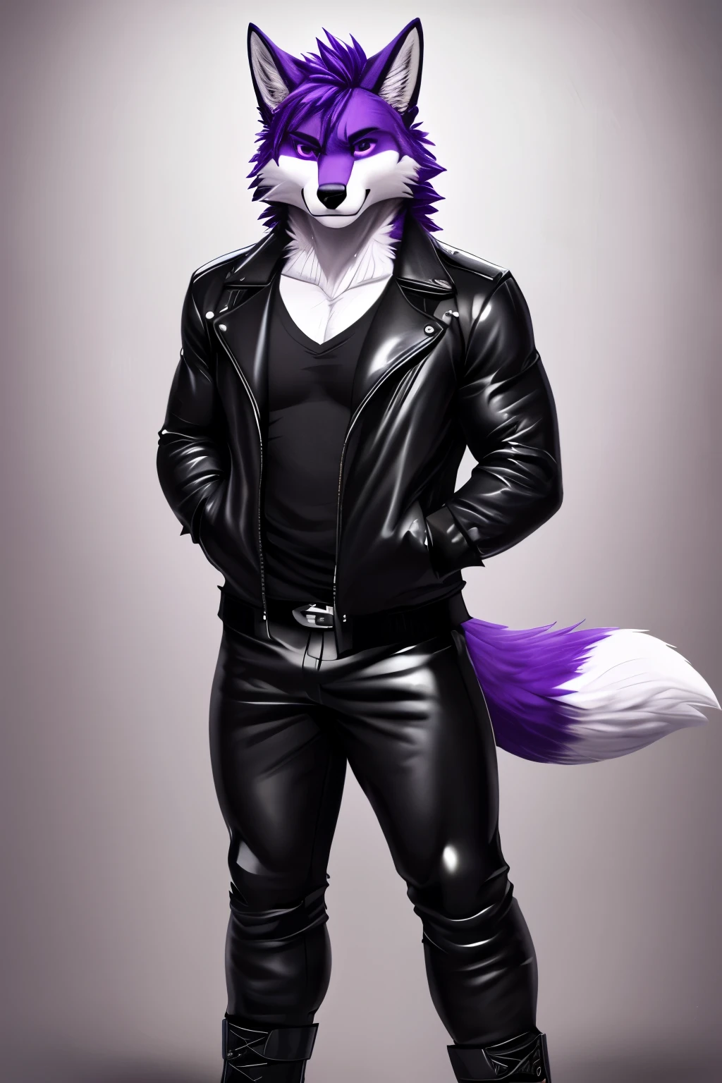 male humanoid wolf, purple and white fur, purple medium spiky layered hair, purple medium spiky layered mane, purple and white fox tail, purple eyes, muscular body, wearing black shirt, black and white leather jacket with white fur edges, black and white sweat pants with black straps and white fur edges, and black boots with white fur edges