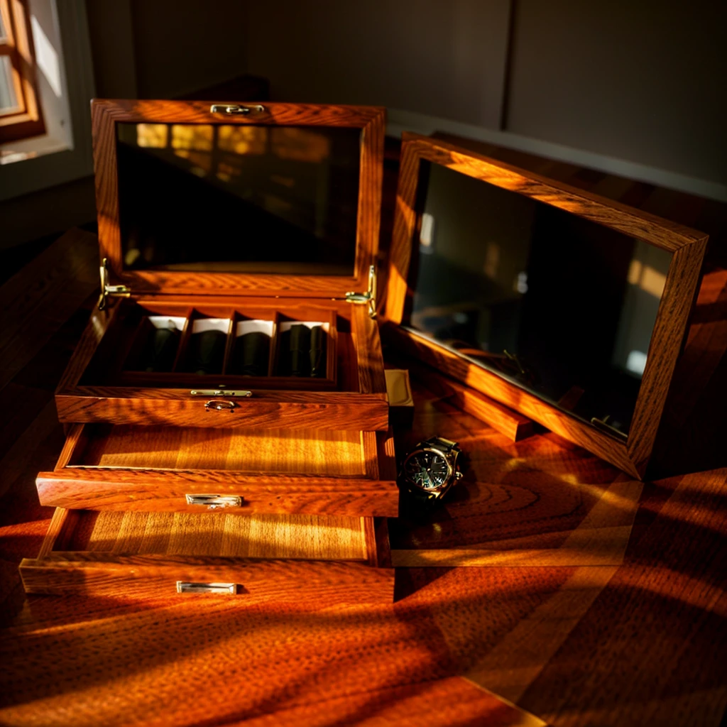 In this cozy room，A ray of sunlight shone through the half-drawn curtains on the table，Let the wood grain on the watch storage box shine with a faint luster。There was a calm and peaceful atmosphere in the air around them。There are several still lifes hanging on the walls of the room，It adds a touch of elegance to the space。And on the other side of the room，The half-open window lets in the breeze，The pages on the small desk by the window turned in the wind，This quiet scene gives a sense of tranquility and comfort。

