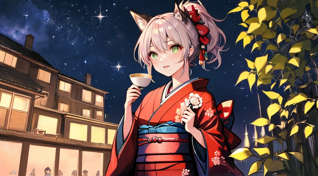 best qualtiy, 超A high resolution, A detailed face, A detailed eye, beautiful sexy woman, black and red kimono, moon in background, nigh sky, holding sake in hand, Sparkle, butterflys々, Fantastical, Looking up at the moon, sit at the base of a tree,