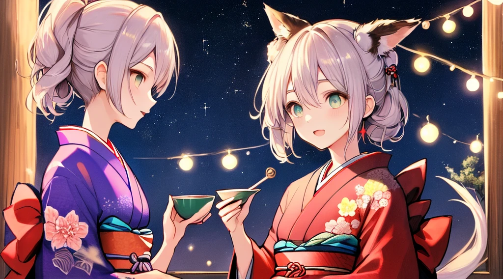 best qualtiy, 超A high resolution, A detailed face, A detailed eye, beautiful sexy woman, black and red kimono, moon in background, nigh sky, holding sake in hand, Sparkle, butterflys々, Fantastical, Looking up at the moon, sit at the base of a tree,