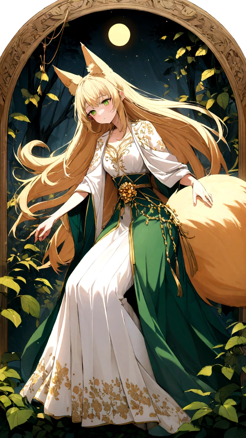 15-year-old beautiful fox beast girl、Wind Flower (Kazahana) Please draw。Straight blonde hair down to the shoulders、Emerald green eyes、He has golden fox ears and a bushy golden fox tail.。She has a slender figure.、It's small and delicate。She is wearing a short Japanese-style dress with gold embroidery on a white background.、The belt has red accents。In the dark forest、Sad face and depressed。Gently lift the tail with one hand、The other hand is placed near the ear。Small balls of light are dancing at your feet.。Ultra-high resolution, highly detailed digital art、4K、The texture of the fur and clothes、Depict the horrific atmosphere of the natural background in detail。