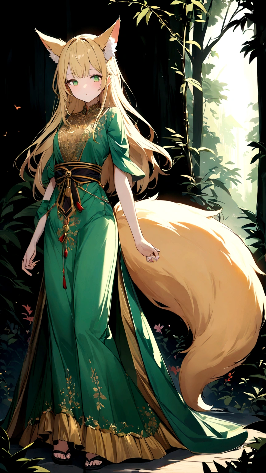 15-year-old beautiful fox beast girl、Wind Flower (Kazahana) Please draw。Straight blonde hair down to the shoulders、Emerald green eyes、He has golden fox ears and a bushy golden fox tail.。She has a slender figure.、It&#39;s small and delicate。She is wearing a short Japanese-style dress with gold embroidery on a white background.、The belt has red accents。In the dark forest、Sad face and depressed。Gently lift the tail with one hand、The other hand is placed near the ear。Small balls of light are dancing at your feet.。Ultra-high resolution, highly detailed digital art、4K、The texture of the fur and clothes、Depict the horrific atmosphere of the natural background in detail。