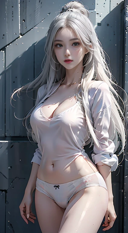 Highest quality, Intricate details, Color Difference, One Girl, Long white hair, Brunette color hair, Messy Hair, White highlights, Red eyes, Sharp Eye, Oversized white underwear, panties, Cowboy Lens, Wind power increase, (underwear),Against the wall, Concrete wall, Doodle, Dim lighting, alley,Highest quality、Ultra-high resolution, Anime Style 4K, Nightcore, Anime Moe Art Style, 4k anime wallpaper, anime art wallpaper 4k, anime art wallpaper 4k, Best anime 4k konachan wallpaper, anime wallpaper 4k, anime wallpaper 4k, Cute girl anime visuals,(masterpiece、Highest quality、Highest quality、Official Art、Beautiful appearance:1.2)、(One Girl)、Very detailed、(Fractal Art:1.3)、Very colorful、Highest detail、Perfect Face