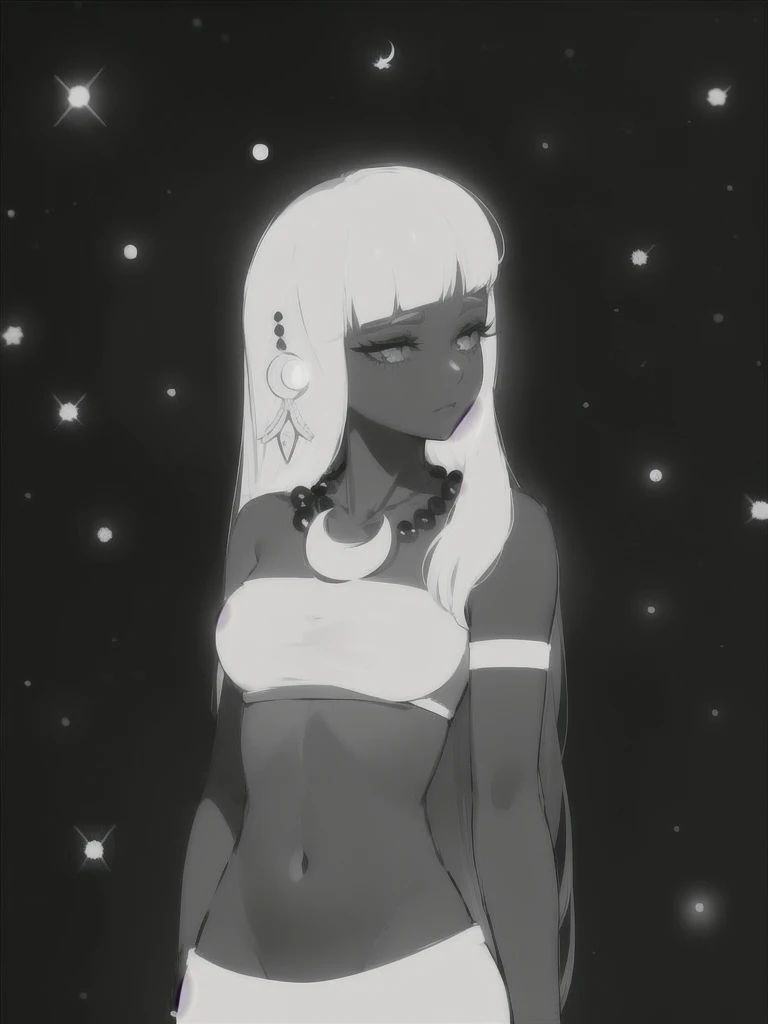 Black and white drawing, Goddess Jaci, Indigenous, Goddess of the moon, Brazilian legend, white hair, straight hair, straight bangs, black skin, white clothes, moon accessories, beautiful girl, big eyelashes, Necklace with blue and black pearls with a moon lying in the middle of them, Hair accessory with three feathers and a moon, black moon outline on the face