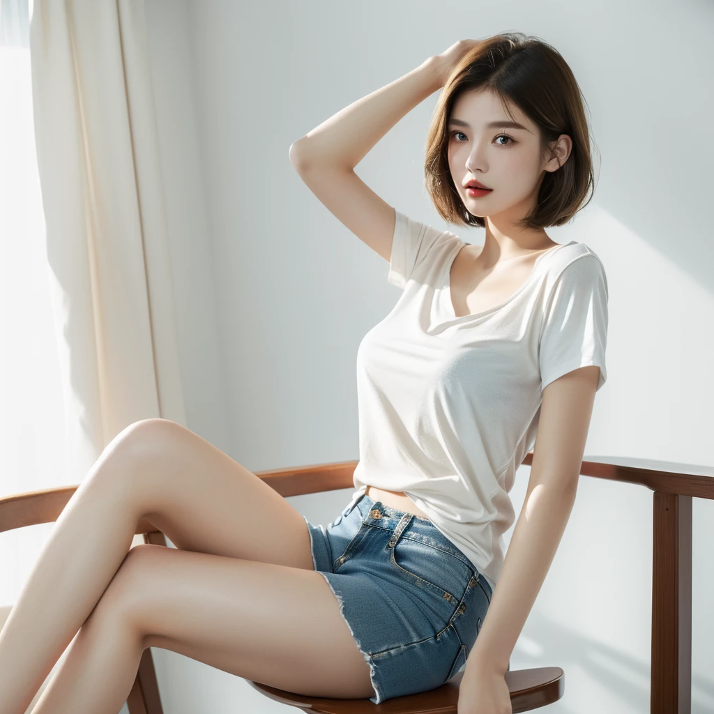 A girl, sitting on a chair, looking at the camera, with short blond hair, pure red T-shirt, blue jeans, pure white background, ((the best quality, 8k, masterpiece: 1.3)), ultra-high resolution, (photo real epic: 1.4), RAW photos, Japanese, (detail face), real, shot in natural light, highly detailed facial and skin texture, very detailed lips, correct state of human body, medium length hair, black hair, various postures, natural color lipstick