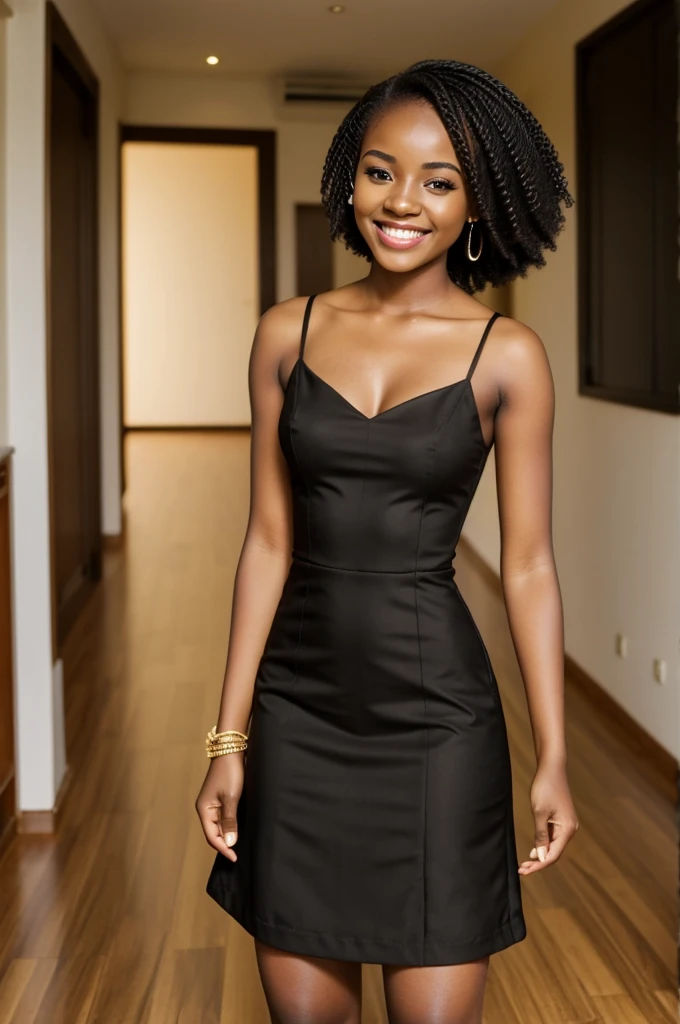 Very attractive 22 year old Zambia girl, light skinned, bright smile, short black dress 