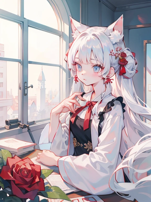 There is a lady in a white dress,A red rose was stuck in her hair, Anime role play, Anime girl role play, role play foto, A fusion of anime style with Fujifilm, role play, White-haired god, Beautiful fox woman, role play game maker, White cat girl, Silver-haired girl, Internal Medicine Rice, Anime girls in real life, Ayaka role play, Bagel Hairstyle,torn clothes,bigini,no good