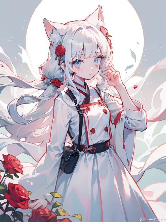 There is a lady in a white dress,A red rose was stuck in her hair, Anime role play, Anime girl role play, role play foto, A fusion of anime style with Fujifilm, role play, White-haired god, Beautiful fox woman, role play game maker, White cat girl, Silver-haired girl, Internal Medicine Rice, Anime girls in real life, Ayaka role play, Bagel Hairstyle,torn clothes,bigini,no good
