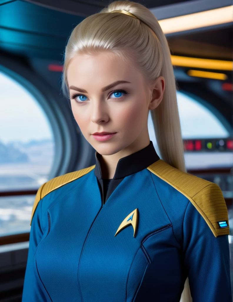 very attractive 25 year old girl with long platinum blonde hair, Beautiful Young Woman wear a Star Trek Uniform, standing on the bridge on Enterprise cantina, Blue Eyes, perfect Skin, Perfect Body, Perfect Face, masterpiece, 8k. Sublime Light, rimlight , vulcan, close up, very realistic, head shot, hair styled in a french braid