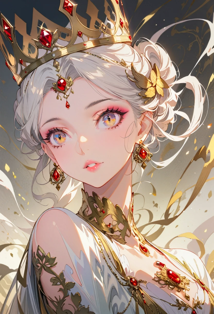 a beautiful queen, extremely detailed face, beautiful detailed eyes, beautiful detailed lips, long eyelashes, flawless skin, elaborate royal crown, ornate gold jewelry, flowing silk dress,close_up,Exquisite makeup,best quality,Amazing,masterpiece,delicate,ultra high res,ultra detailed,8K,sharp focus,(extremely detailed CG unity 8k wallpaper),