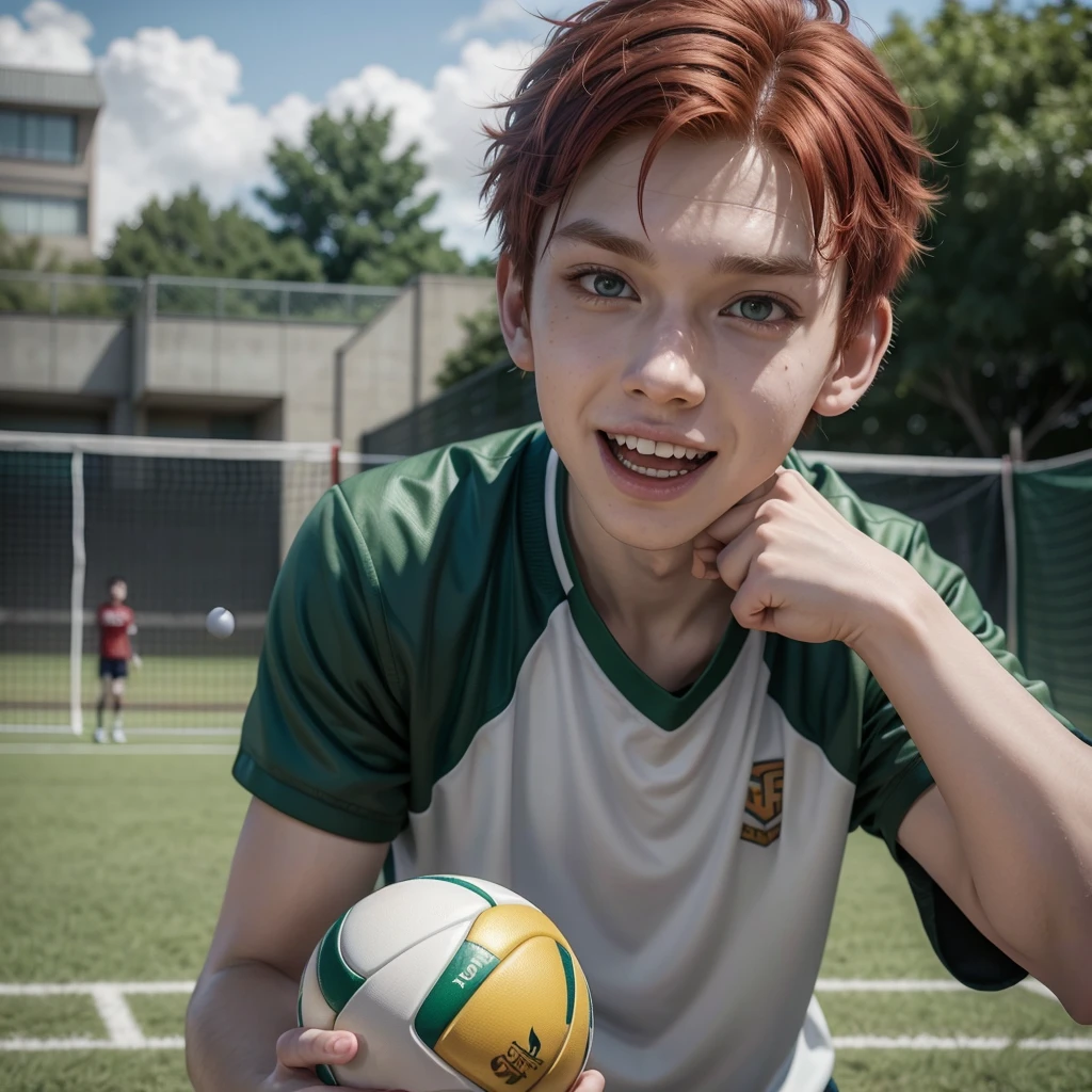 Haikyuu screenshot.
Tall boy, redhead, white with a lower lip piercing on both sides, with green eyes. With an expression of mocking laughter. He is wearing the Karasuno uniform and the volleyball court is in the background.