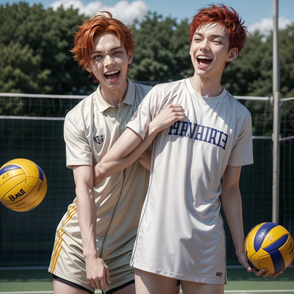 Haikyuu screenshot.
Tall boy, redhead, white with a lower lip piercing on both sides, with green eyes. With an expression of mocking laughter. He is wearing the Karasuno uniform and the volleyball court is in the background. 