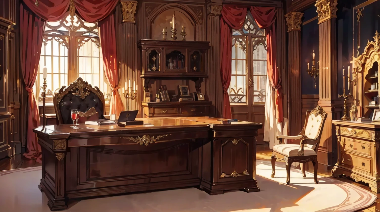 （best quality，masterpiece：1.2，detailed details，4k），Medieval European luxury room，Gorgeous desk，wine，Godfather Mafia Room，Looking up