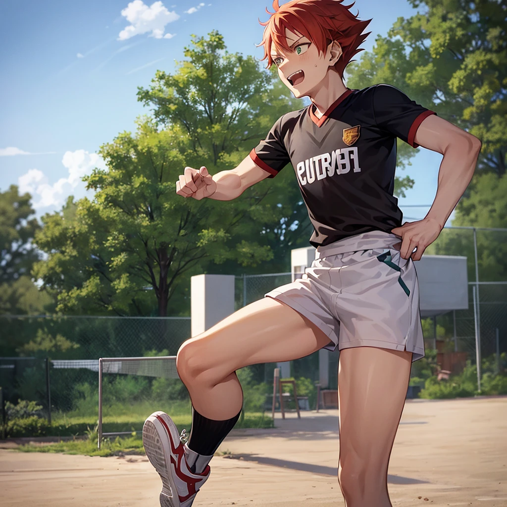 Haikyuu screenshot.
Tall boy, redhead, white with a lower lip piercing on both sides, with green eyes. With an expression of mocking laughter. He is wearing the Karasuno uniform and the volleyball court is in the background. 
