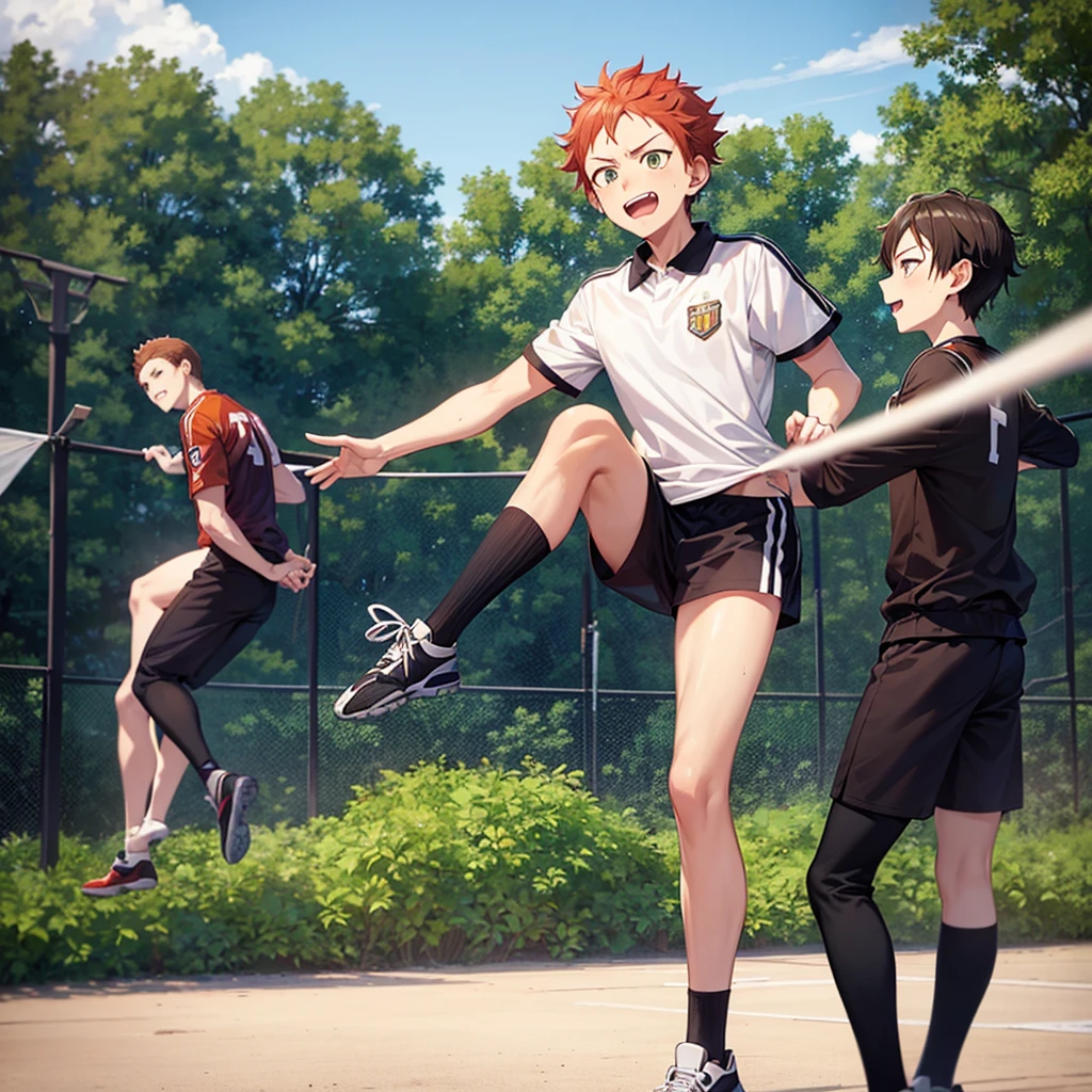 Haikyuu screenshot.
Tall boy, redhead, white with a lower lip piercing on both sides, with green eyes. With an expression of mocking laughter. He is wearing the Karasuno uniform and the volleyball court is in the background. 