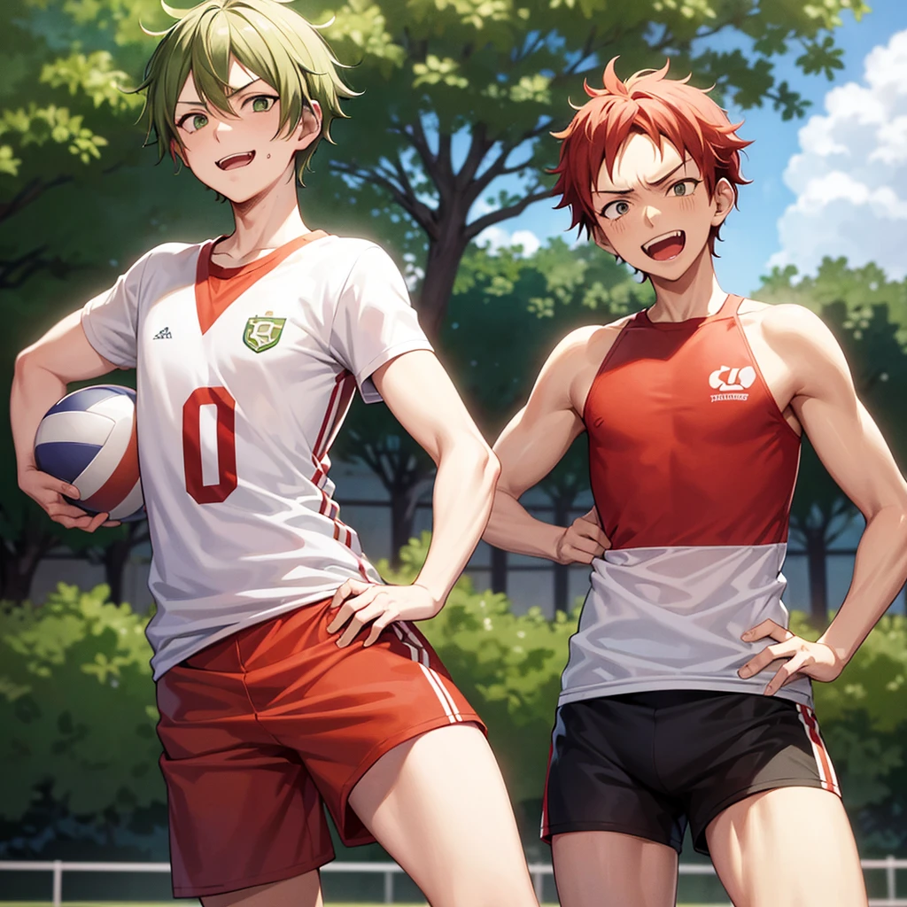 Haikyuu screenshot.
Tall boy, redhead, white with a lower lip piercing on both sides, with green eyes. With an expression of mocking laughter. He is wearing the Karasuno uniform and the volleyball court is in the background.