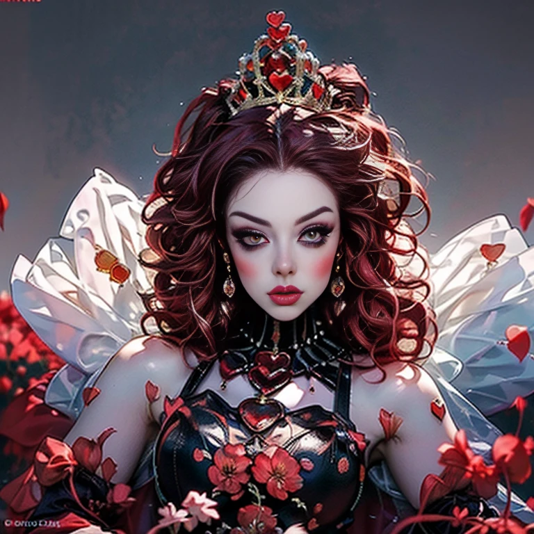 (full body portrait:1.1), a beautiful queen of hearts, elegant long red dress, flowing red cape, golden crown, striking red makeup, piercing gaze, regal posture, ornate throne, dark gothic castle, dramatic lighting, (best quality,4k,8k,highres,masterpiece:1.2),ultra-detailed,(realistic,photorealistic,photo-realistic:1.37),intricate details,cinematic composition,vibrant colors,chiaroscuro lighting,dramatic shadows,fantasy,digital art
