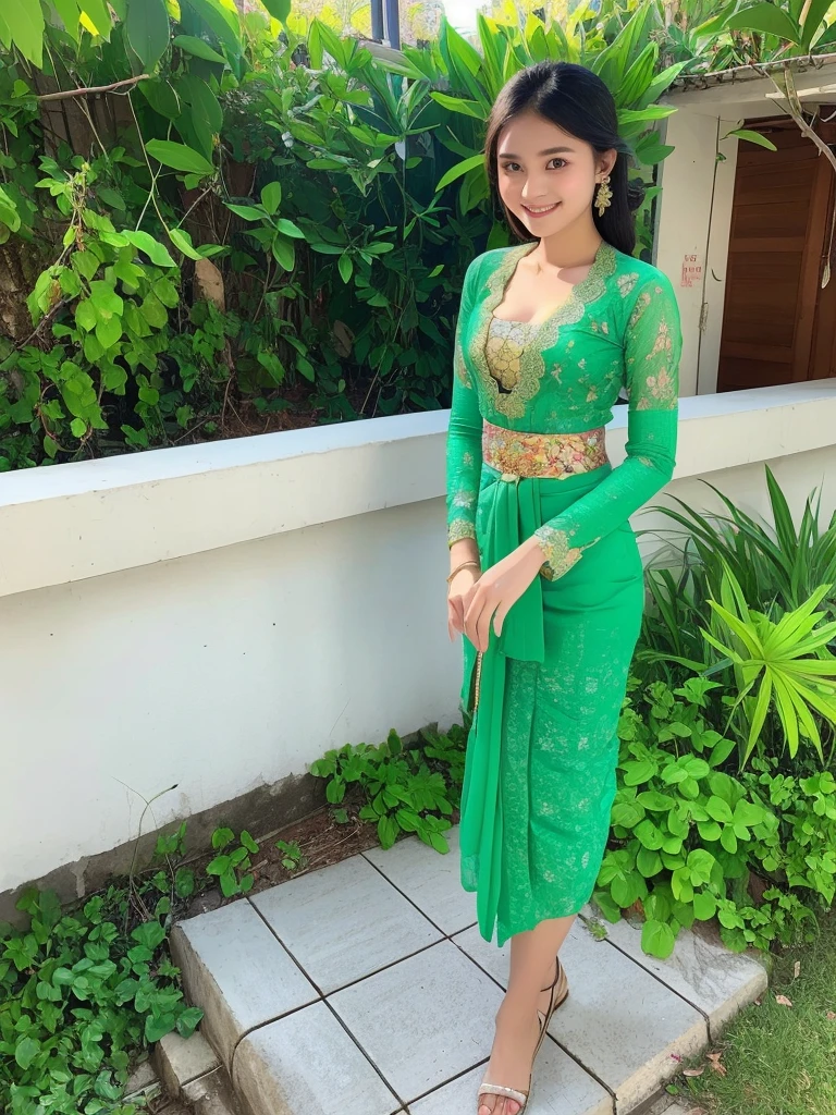 Indonesian teenage girl, 15 years old girl, white skin, beautiful teenage face, sexy green kebaya, cleavage, exposing her small breast, batik skirt, short body, thin body, standing pose, smile,