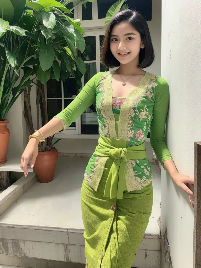 Indonesian teenage girl, 15 years old girl, white skin, beautiful teenage face, sexy green kebaya, cleavage, exposing her small breast, batik skirt, short body, thin body, standing pose, smile,