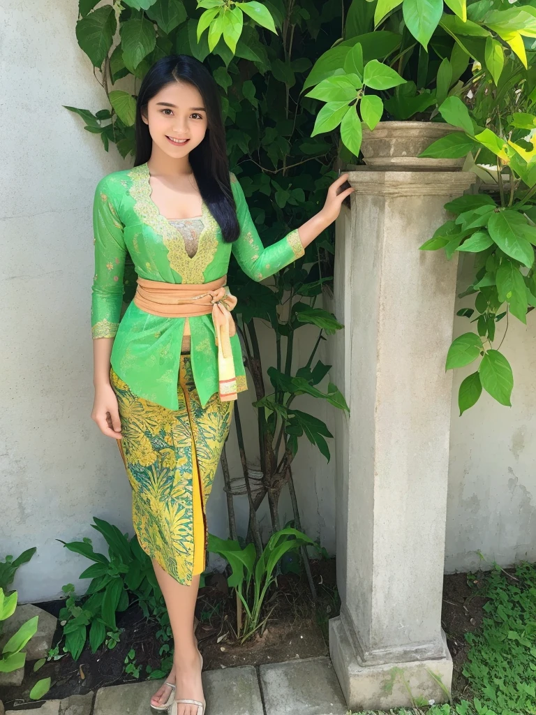 Indonesian teenage girl, 15 years old girl, white skin, beautiful teenage face, sexy green kebaya, cleavage, exposing her small breast, batik skirt, short body, thin body, standing pose, smile,
