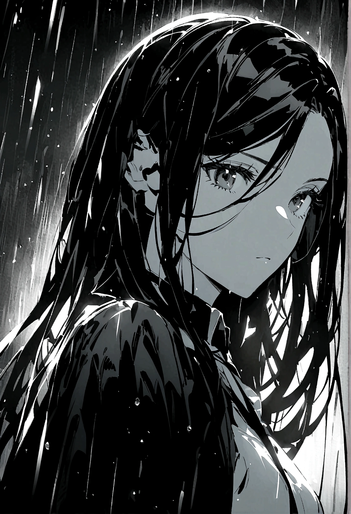 Long hair woman、Black Hair、black eyes、gloomily,moonlight,Cool,rain,((Black and white style))