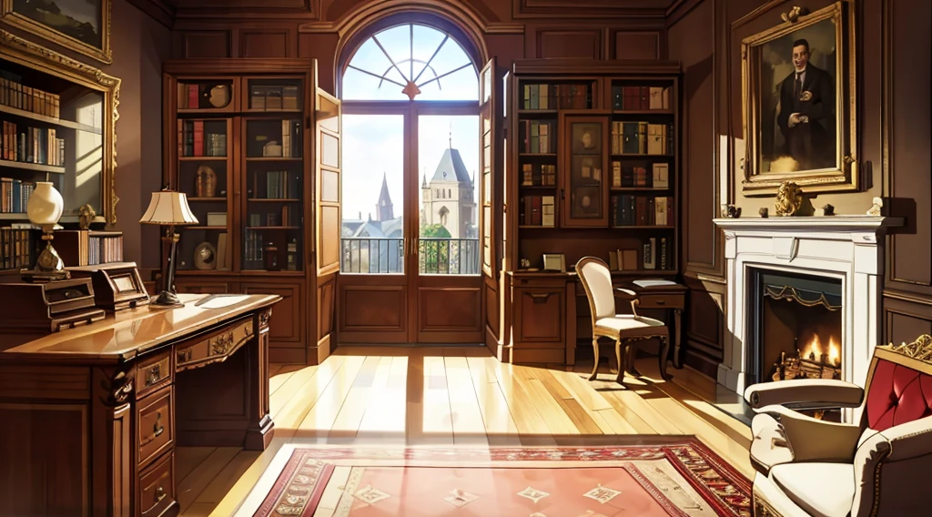 (best quality,masterpiece:1.2,detailed details,4k),Medieval European luxury room,Gorgeous desk,wine,Godfather Mafia Room,Looking up