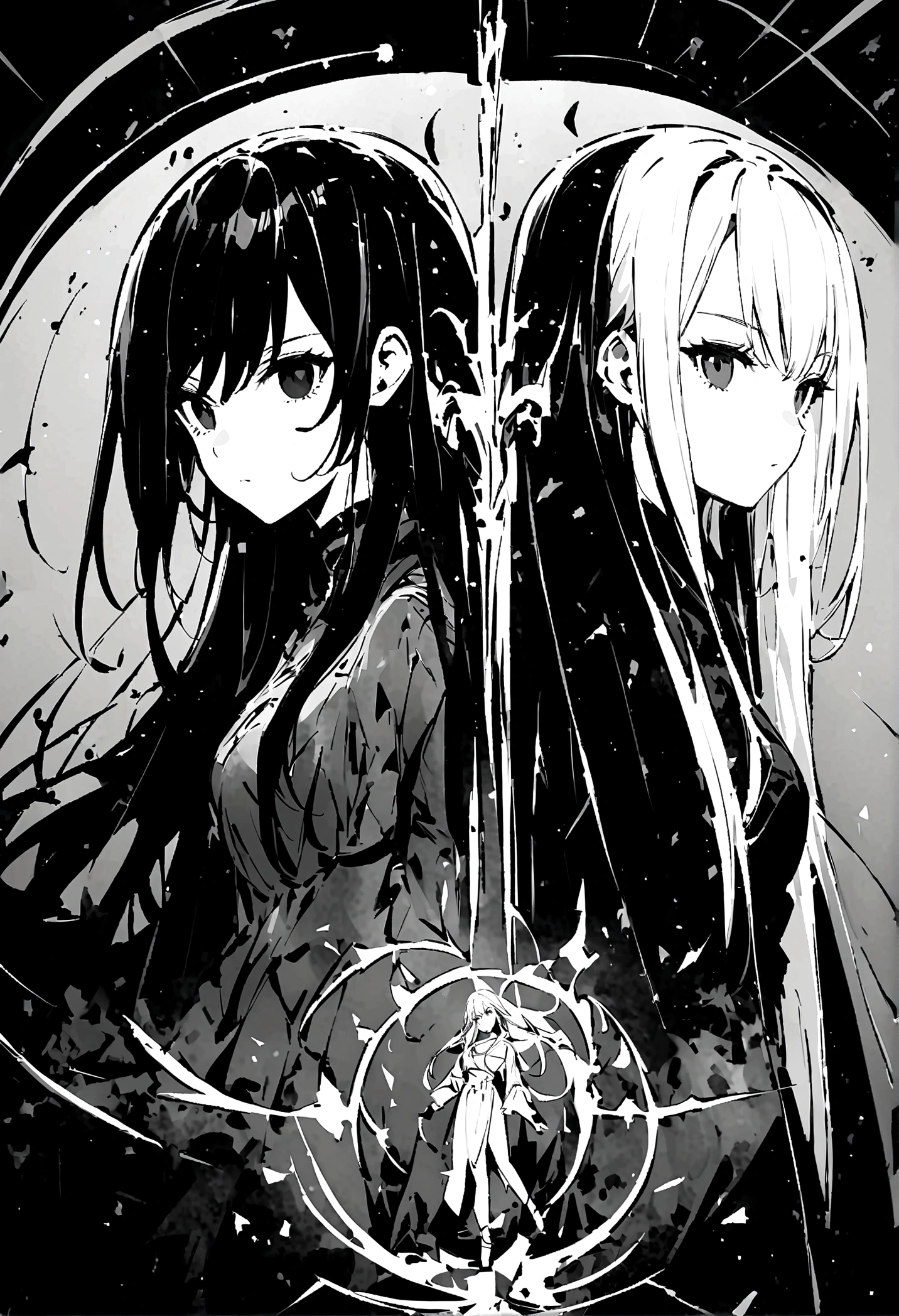 Long hair woman、Black Hair、black eyes、gloomily，moonlight，Cool，rain，((Black and white style))