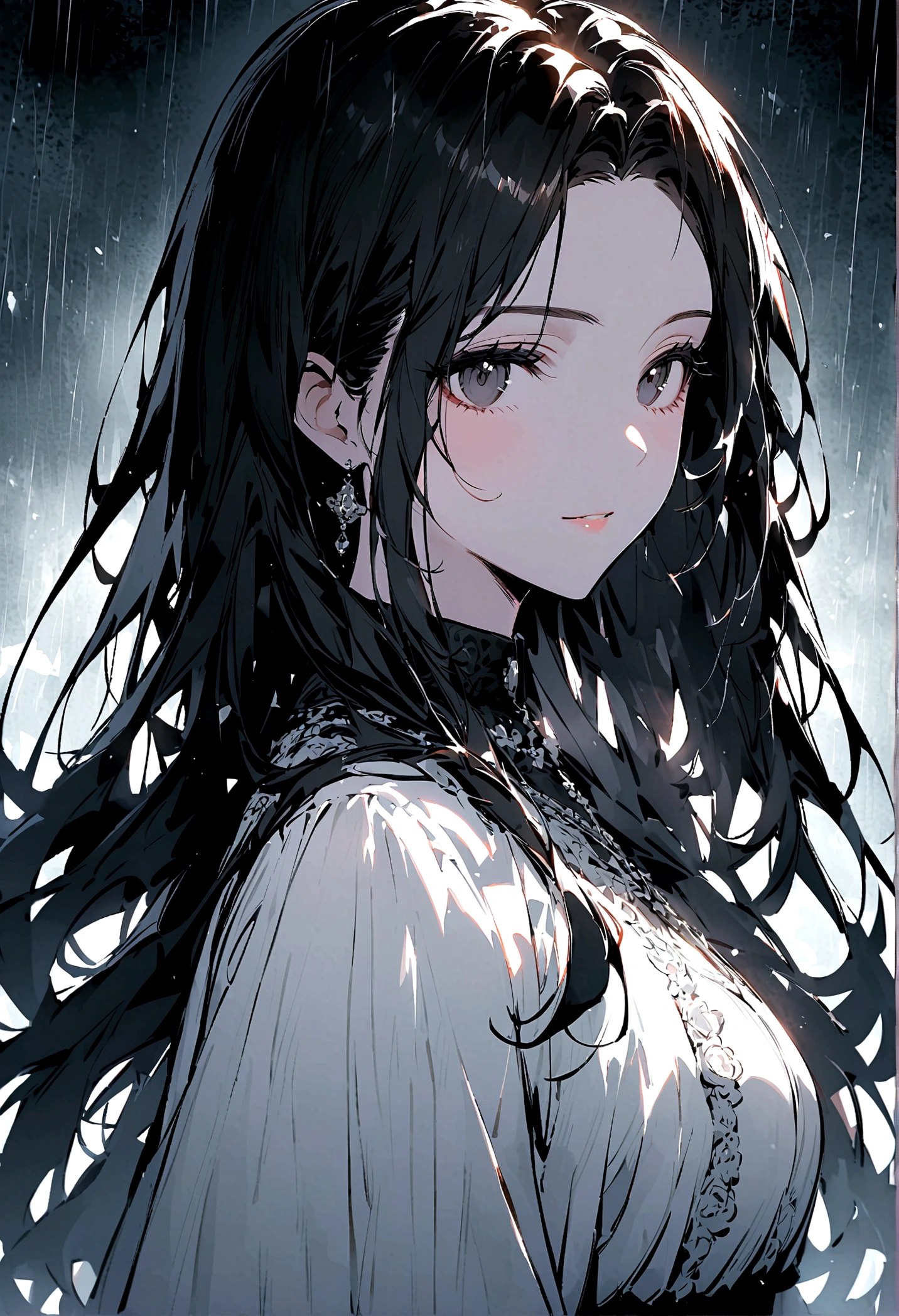 Long hair woman、Black Hair、black eyes、gloomily，moonlight，Cool，rain，((Black and white style))